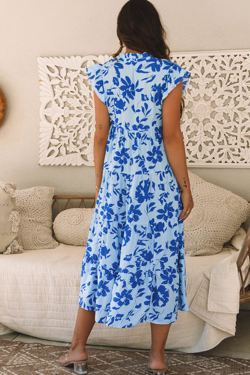 Floral Print Tiered Frilled Trim Flutter Sleeve Maxi Dress